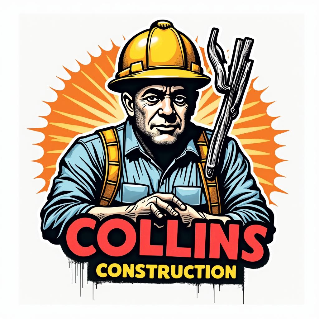 Construction company named “Collins Constructionin pop art style tattoo, featuring bold and vibrant colors, exaggerated outlines, iconic imagery, inspired by comic books and speech bubbles, comic book characters, retro pop culture - Variation 26