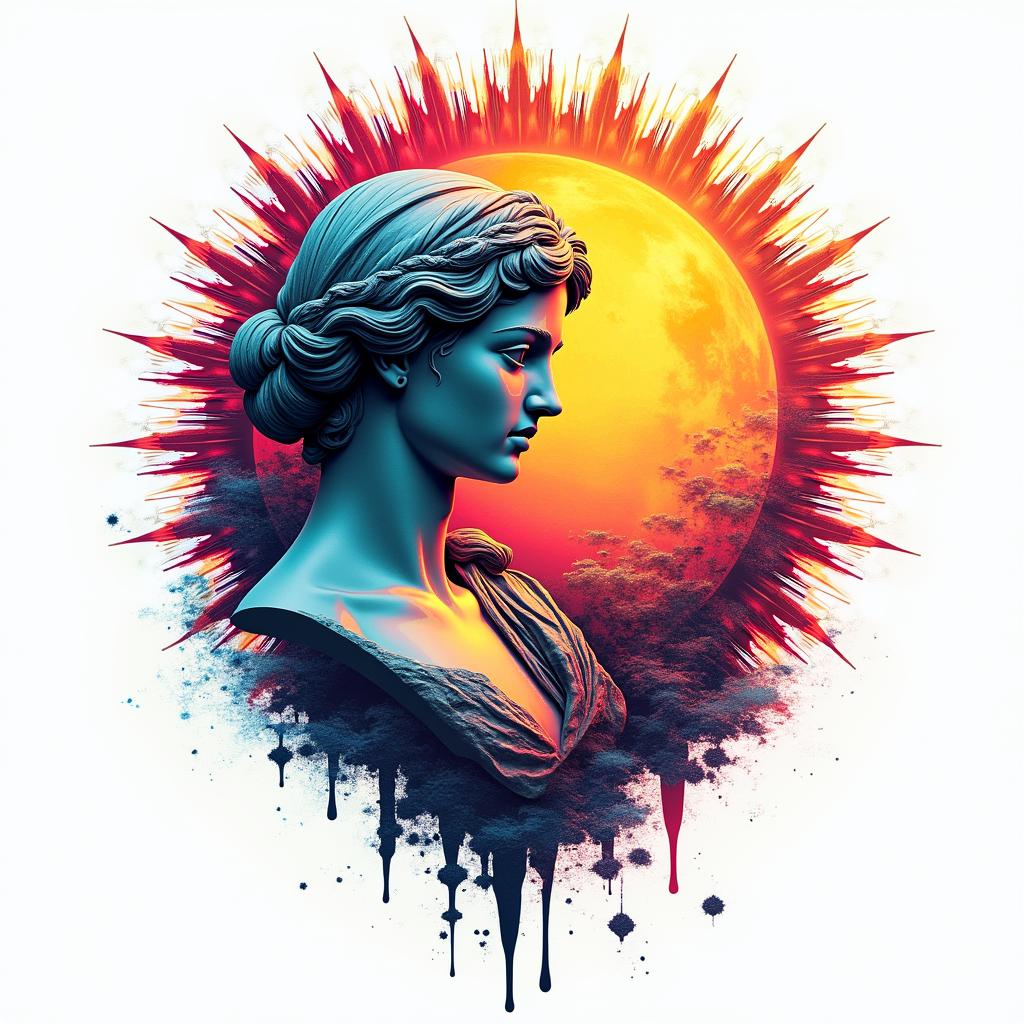 Sun and moon intertwined, glowingin distorted and fragmented tattoo design, featuring a classical statue bust, in a glitch art style with vibrant, overlapping colors of cyan, magenta, and yellow, creating a digital distortion effect - Variation 3