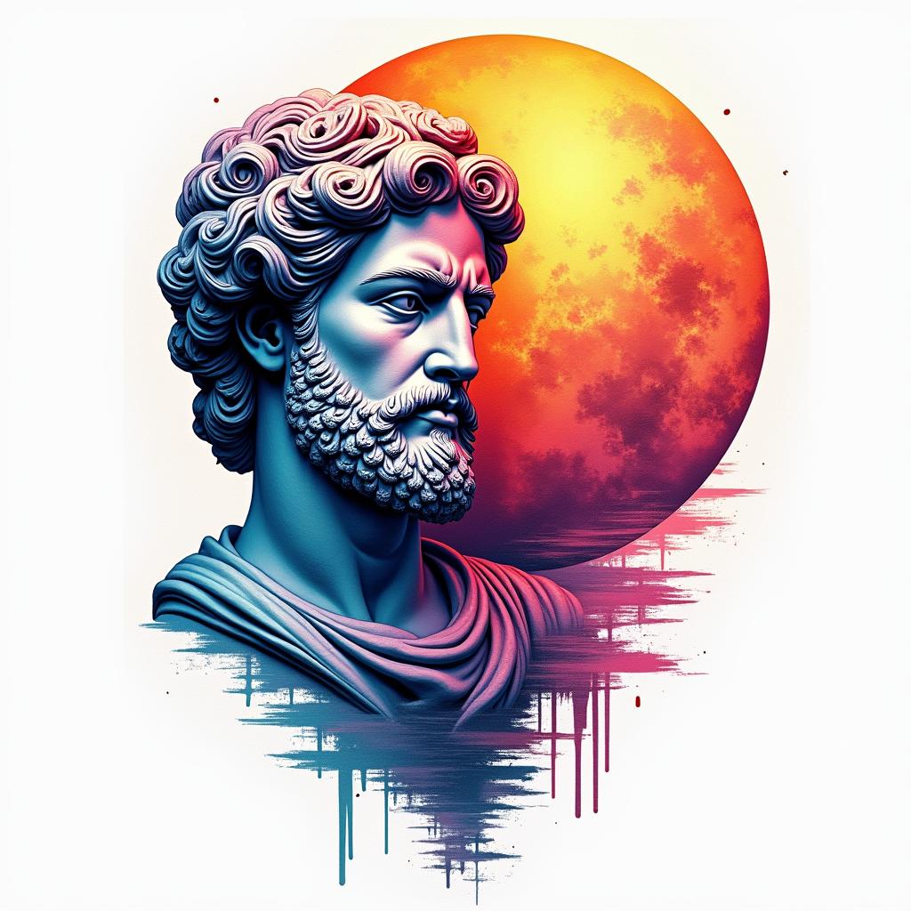 Sun and moon intertwined, glowingin distorted and fragmented tattoo design, featuring a classical statue bust, in a glitch art style with vibrant, overlapping colors of cyan, magenta, and yellow, creating a digital distortion effect