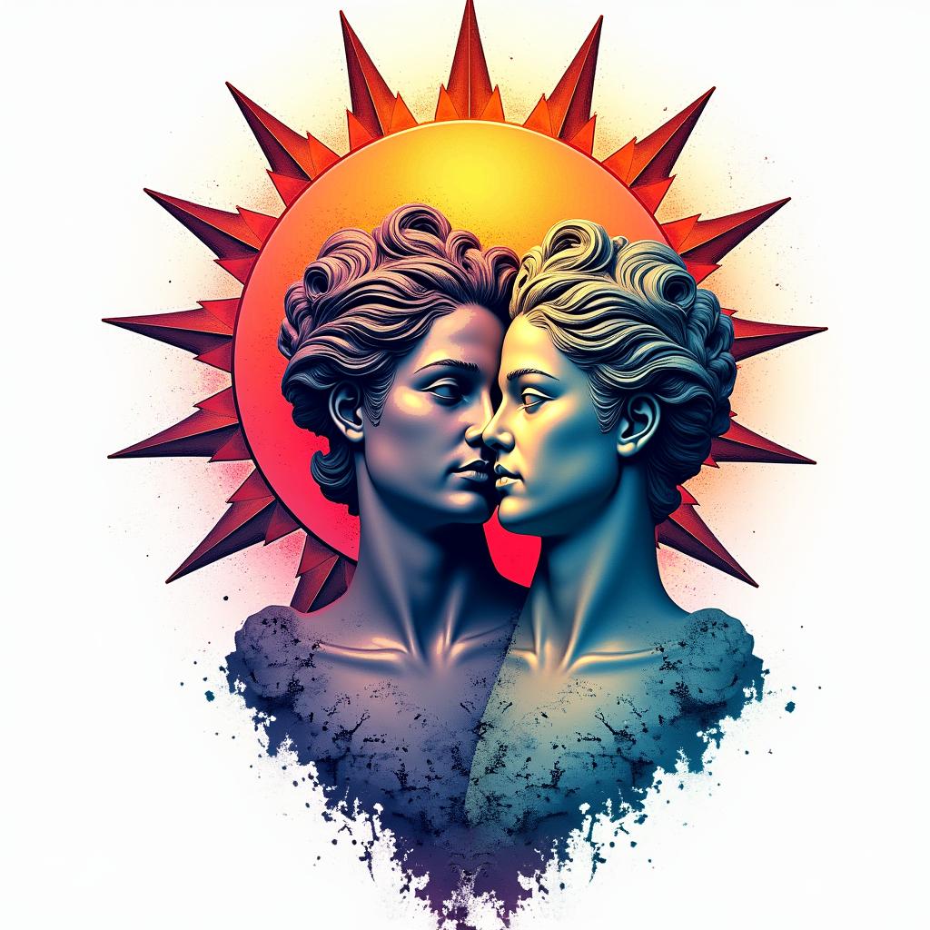 Sun and moon intertwined, glowingin distorted and fragmented tattoo design, featuring a classical statue bust, in a glitch art style with vibrant, overlapping colors of cyan, magenta, and yellow, creating a digital distortion effect - Variation 2