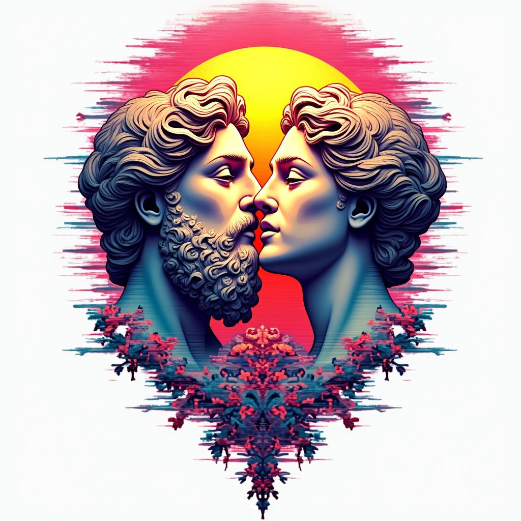 Sun and moon intertwined, glowingin distorted and fragmented tattoo design, featuring a classical statue bust, in a glitch art style with vibrant, overlapping colors of cyan, magenta, and yellow, creating a digital distortion effect - Variation 4