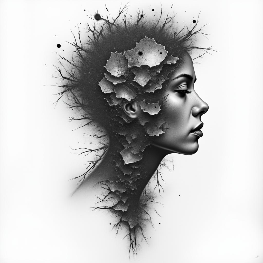 A figurative tattoo design that represents the journey of a woman struggling with anorexia, featuring dark tones. The artwork includes shattered mirrors symbolizing the distortion of self-image and a spiraling figure to depict the conflict between seeking control and feeling out of control. The composition should evoke a sense of struggle and vulnerability while capturing the emotional depth of her experience.higly detailed tattoo - Variation 3