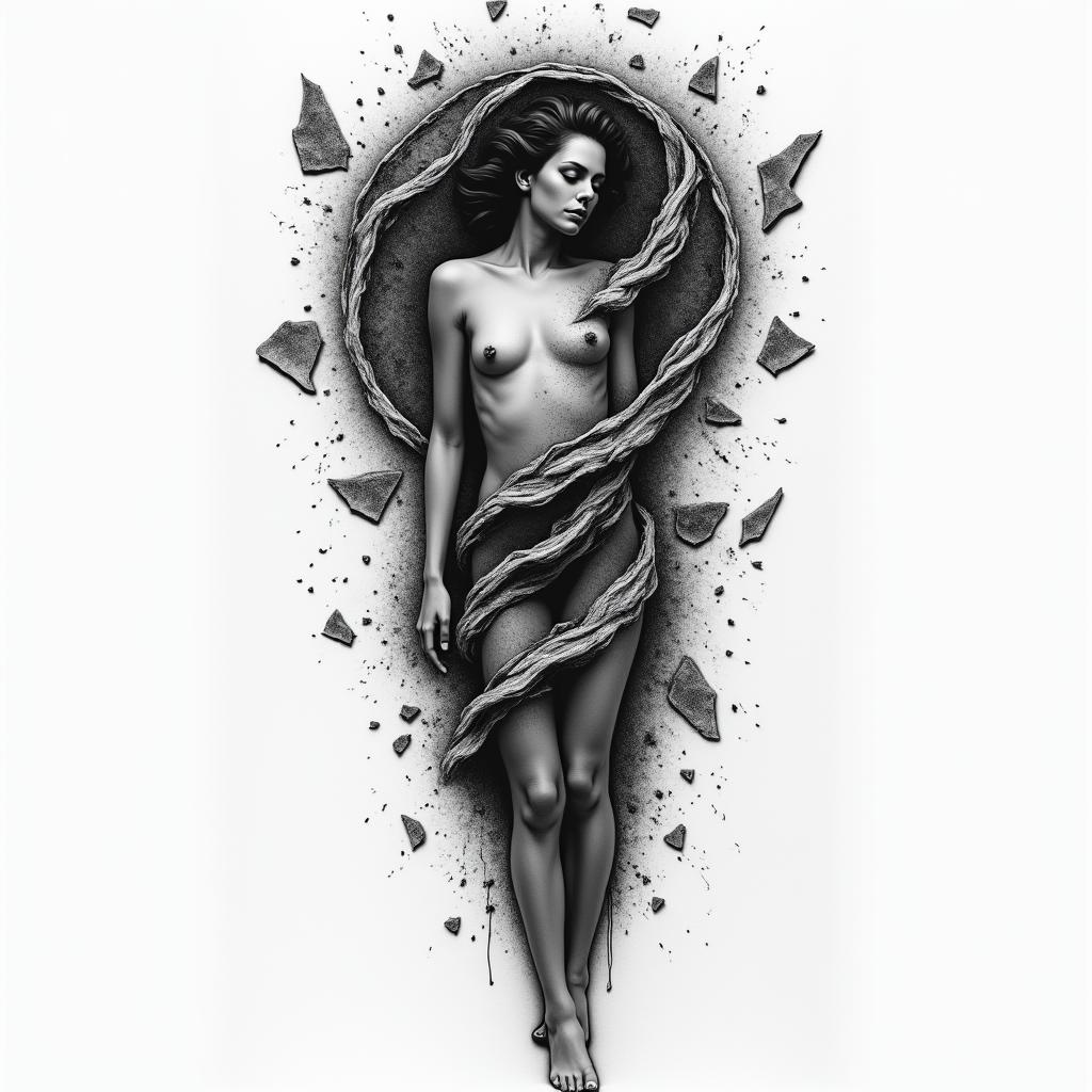 A figurative tattoo design that represents the journey of a woman struggling with anorexia, featuring dark tones. The artwork includes shattered mirrors symbolizing the distortion of self-image and a spiraling figure to depict the conflict between seeking control and feeling out of control. The composition should evoke a sense of struggle and vulnerability while capturing the emotional depth of her experience.higly detailed tattoo - Variation 4
