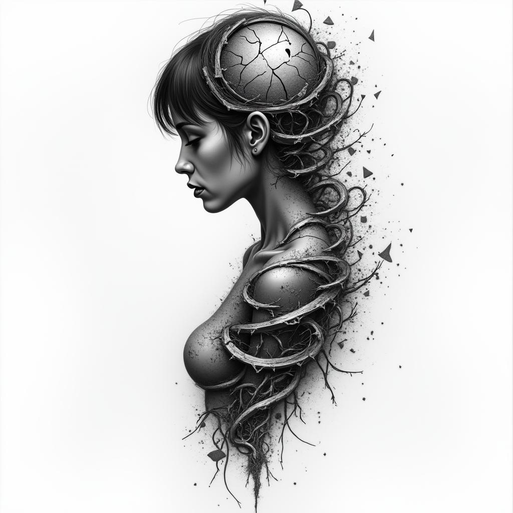 A figurative tattoo design that represents the journey of a woman struggling with anorexia, featuring dark tones. The artwork includes shattered mirrors symbolizing the distortion of self-image and a spiraling figure to depict the conflict between seeking control and feeling out of control. The composition should evoke a sense of struggle and vulnerability while capturing the emotional depth of her experience.higly detailed tattoo - Variation 2
