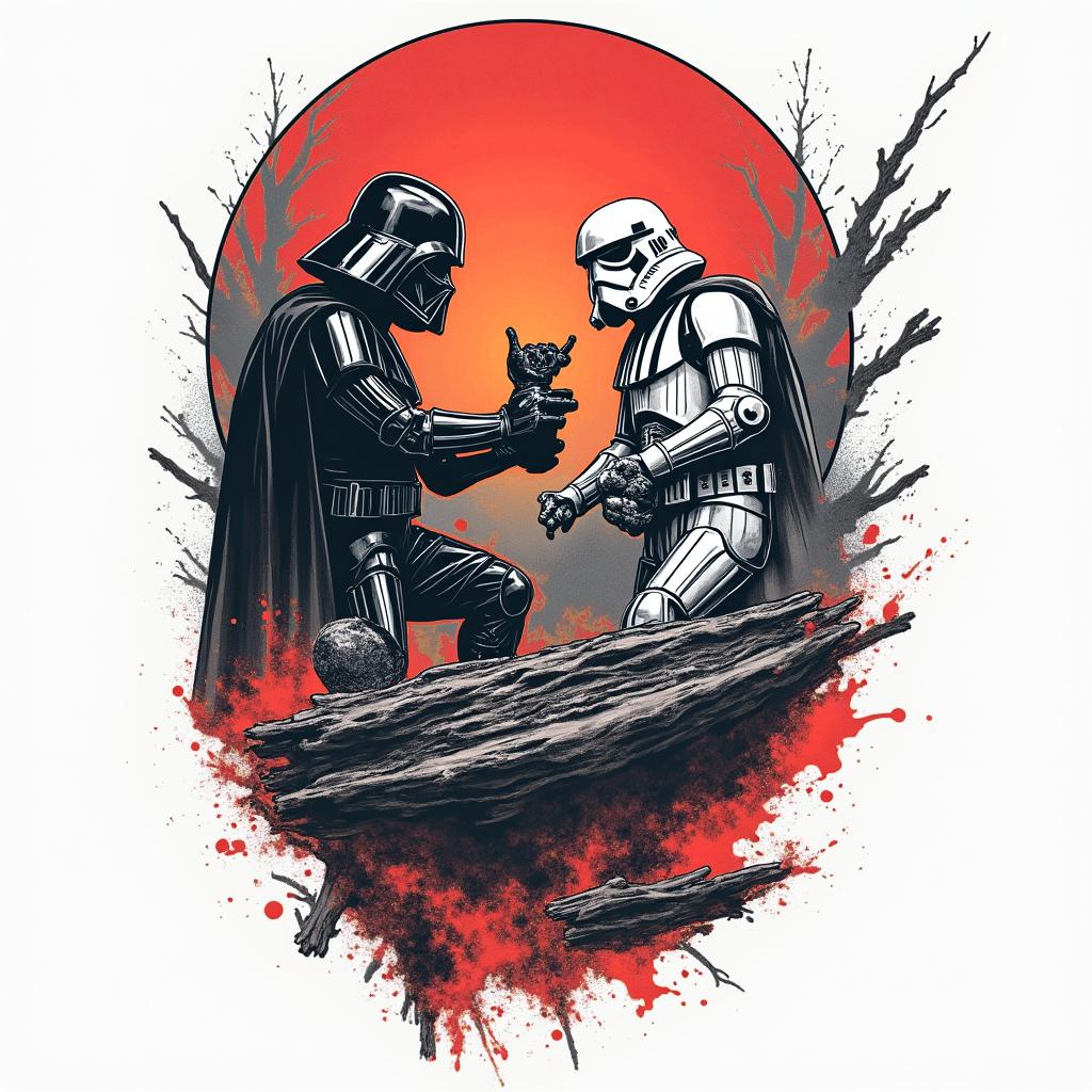 Star wars battlein pop art style tattoo, featuring bold and vibrant colors, exaggerated outlines, iconic imagery, inspired by comic books and speech bubbles, comic book characters, retro pop culture