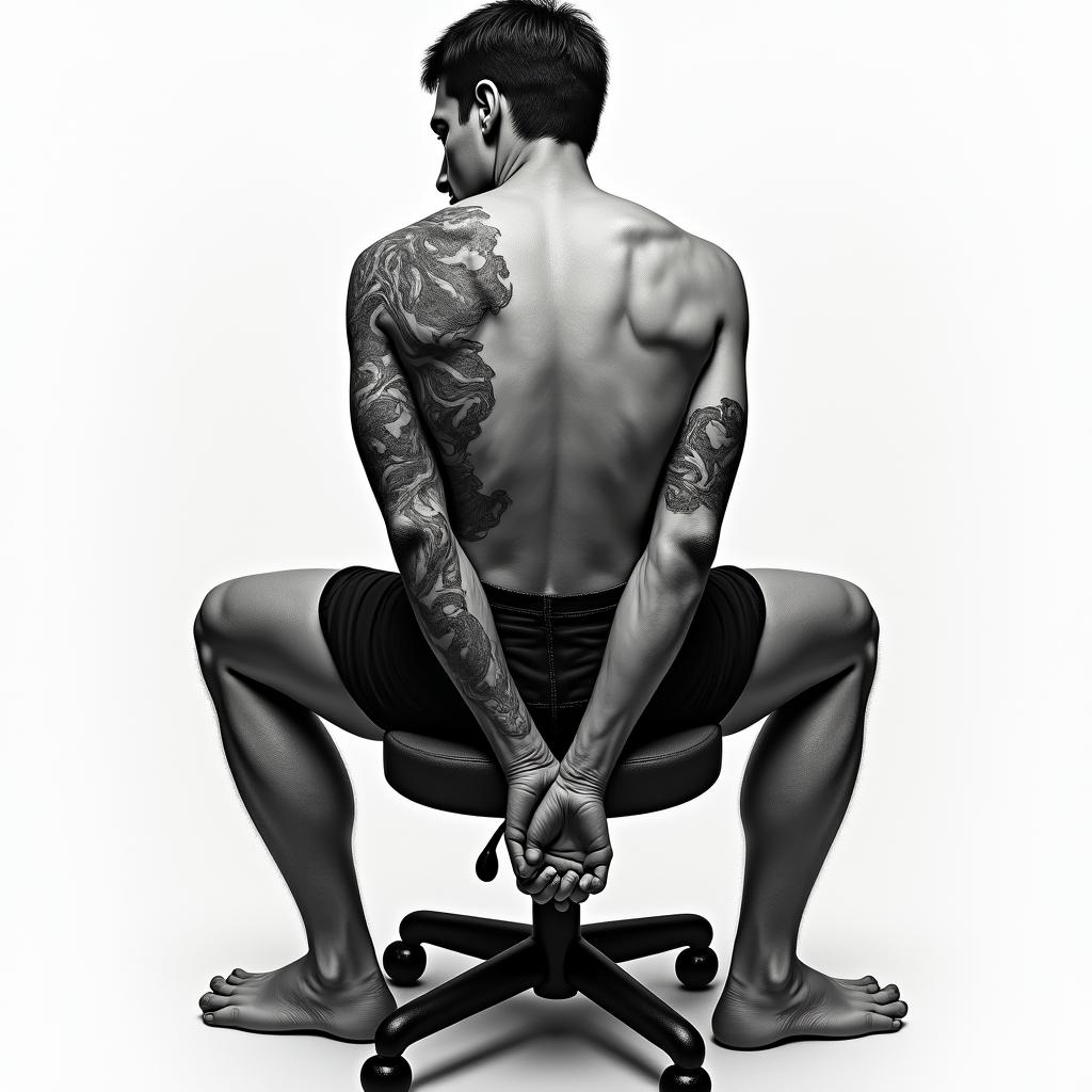 Someone tied to a chair with injuries.in realism tattoo style, featuring a highly detailed, lifelike, capturing every detail, photorealistic, ultra realistic, intricate shading, smooth and sharp,  