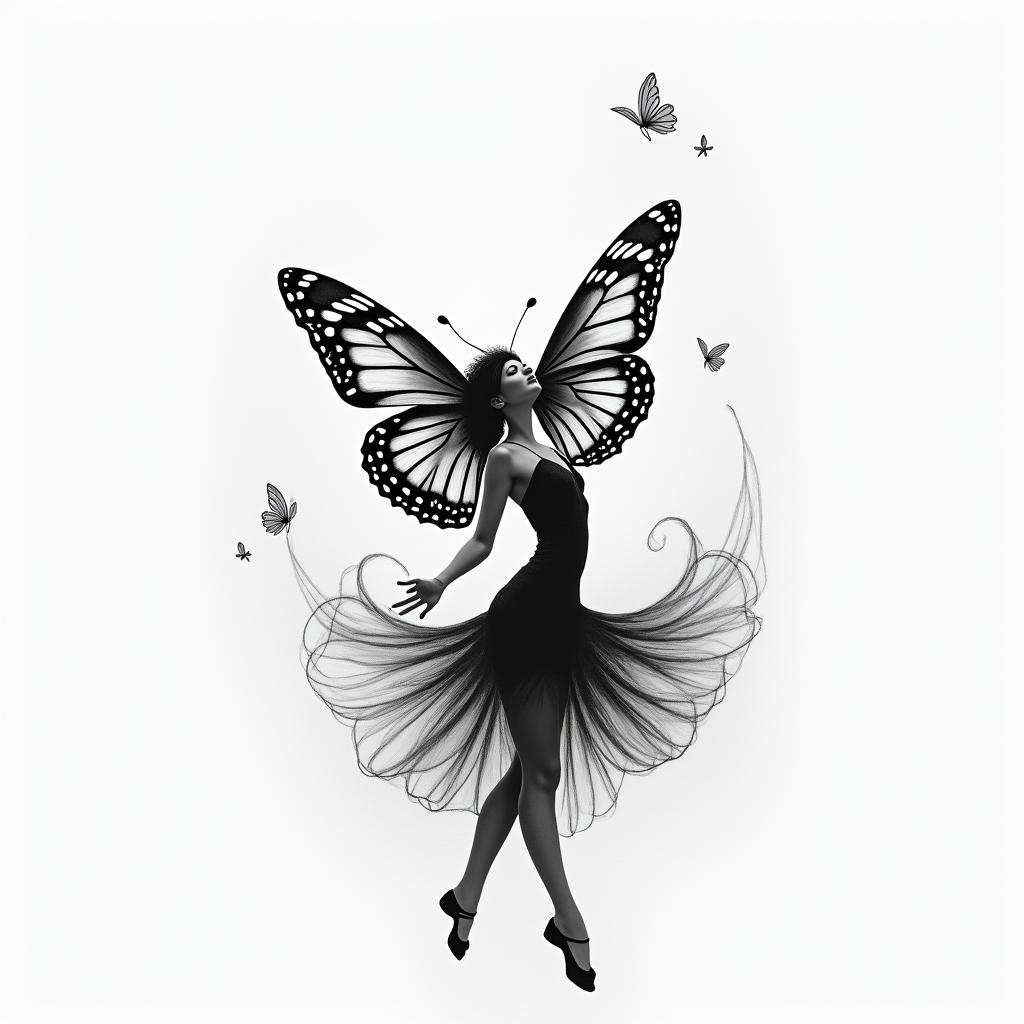 Butterfly, dancein portrait tattoo style, featuring a highly realistic and detailed depiction  - Variation 3