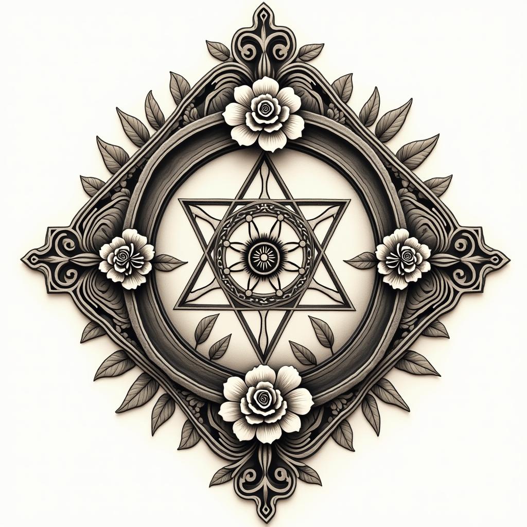 Sacred geometryin victorian style tattoo, featuring vintage and elegant elements, ornate frames, roses, antique, sepia-toned color scheme