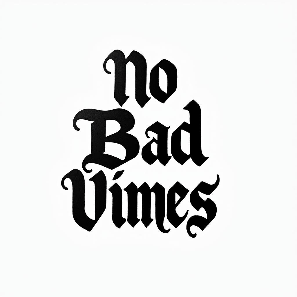 no bad vibestext-based tattoo, gothic font ultra-realistic, perfectly placed, high-quality font design, photo-realistic shading, 8k, high quality, finely detailed typography