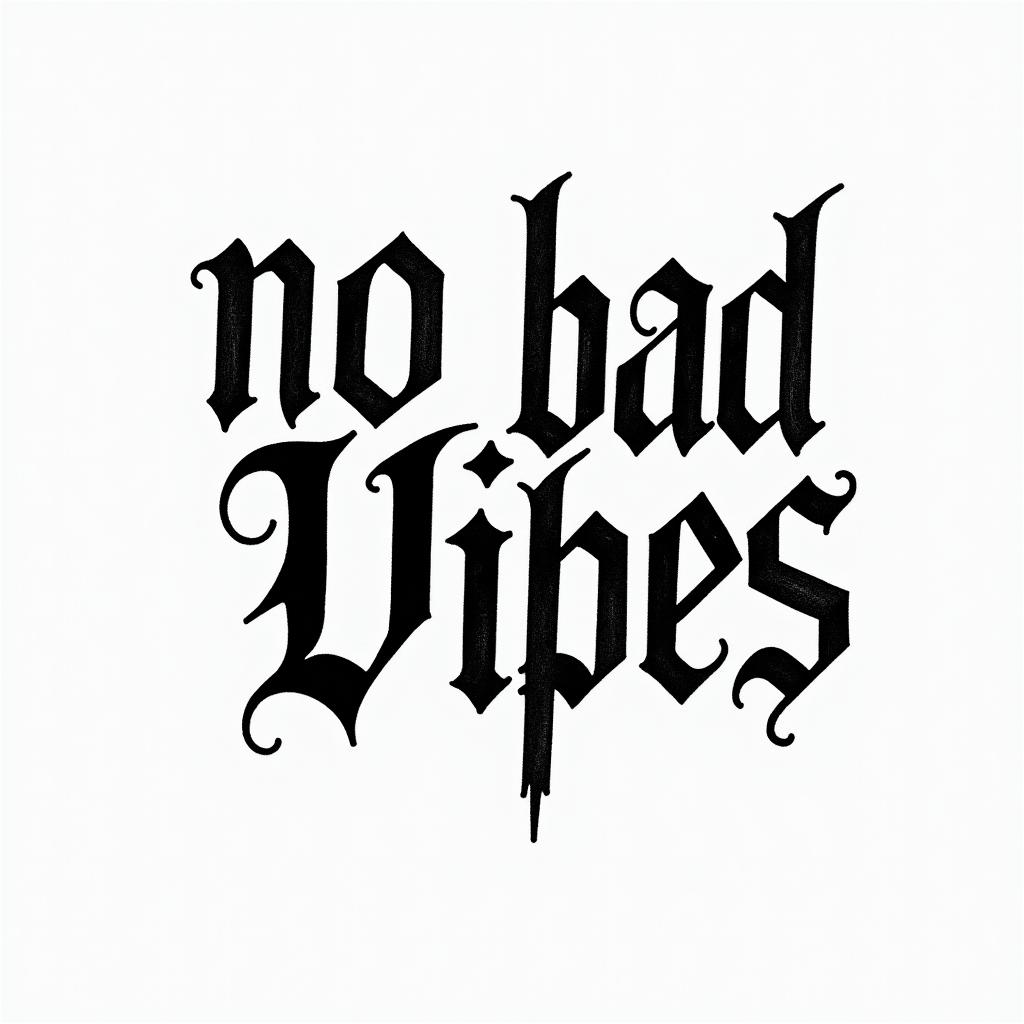 no bad vibestext-based tattoo, gothic font ultra-realistic, perfectly placed, high-quality font design, photo-realistic shading, 8k, high quality, finely detailed typography - Variation 2