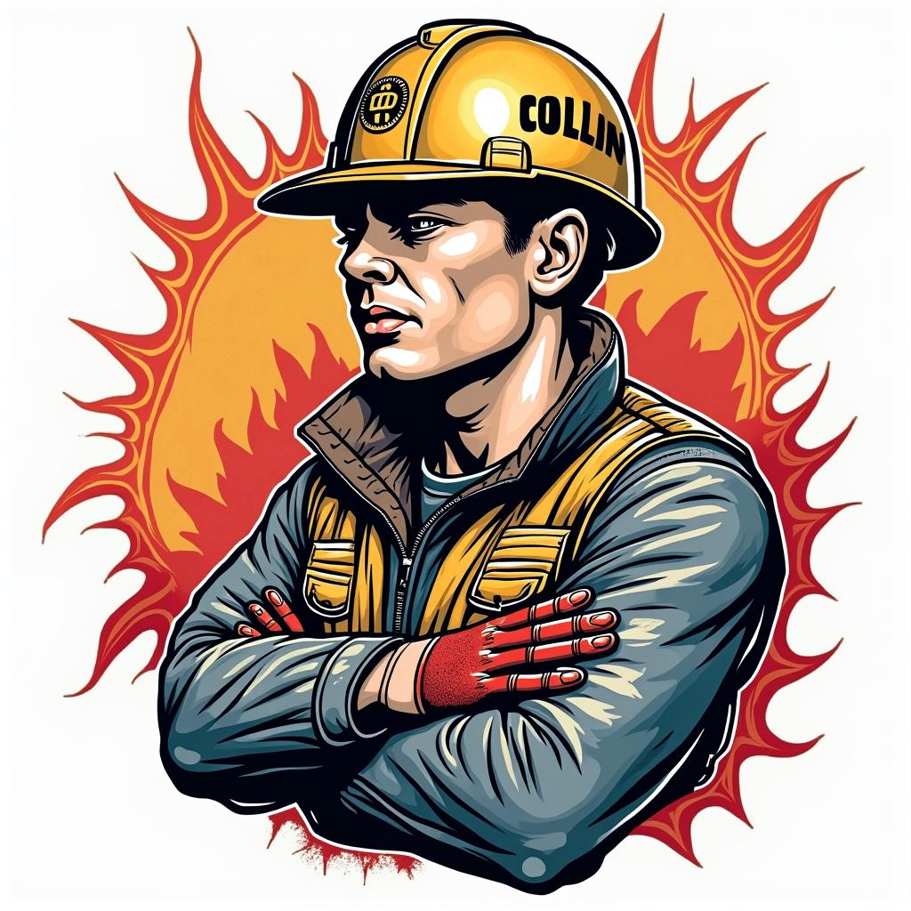 Construction company named “Collins Constructionin pop art style tattoo, featuring bold and vibrant colors, exaggerated outlines, iconic imagery, inspired by comic books and speech bubbles, comic book characters, retro pop culture - Variation 20