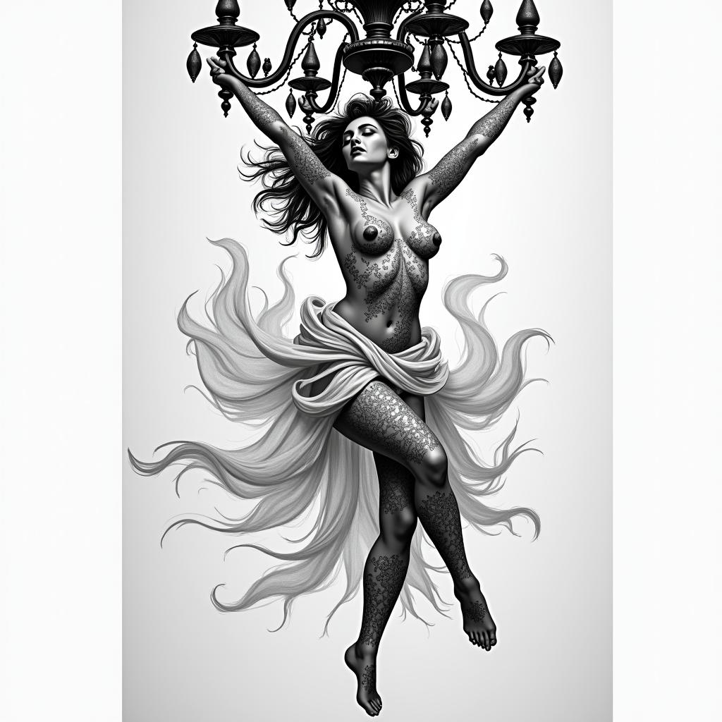 Pop art strength feminine moving on chandelierhigly detailed tattoo - Variation 2