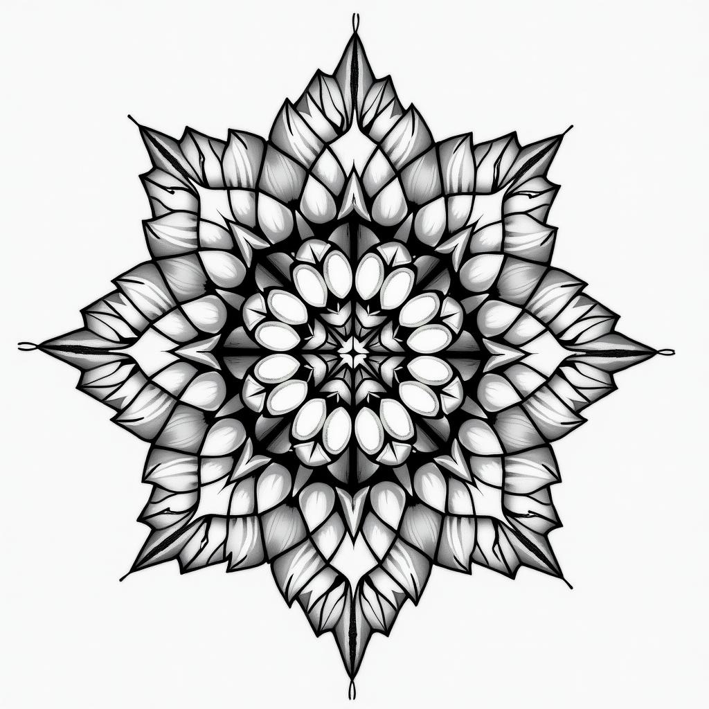 Resilience in geometric style tattoo, blending hexagons, mandala-inspired patterns, symmetrical and fractal design, clean lines, sharp angles - Variation 3