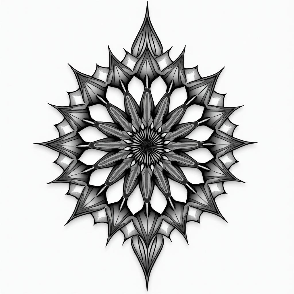 Resilience in geometric style tattoo, blending hexagons, mandala-inspired patterns, symmetrical and fractal design, clean lines, sharp angles - Variation 2