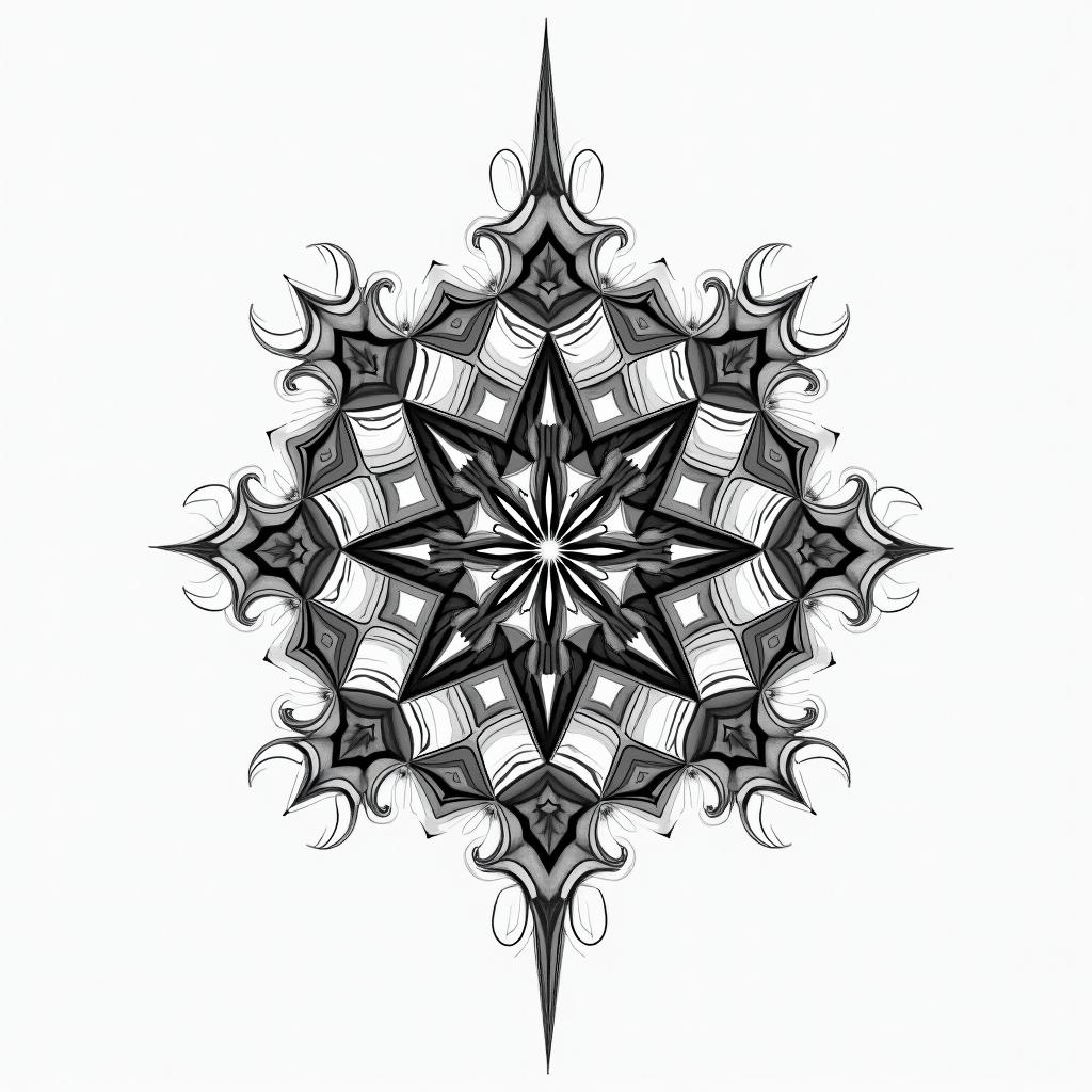 Resilience in geometric style tattoo, blending hexagons, mandala-inspired patterns, symmetrical and fractal design, clean lines, sharp angles