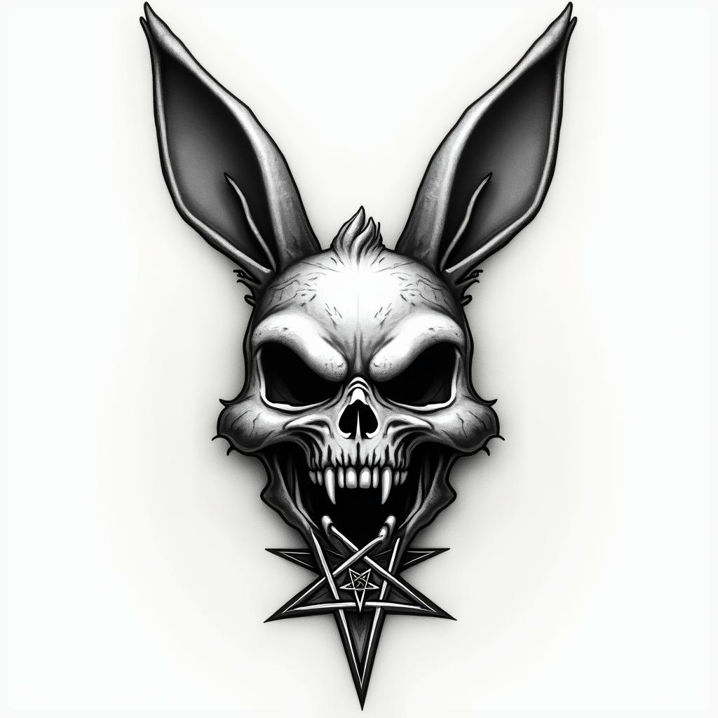 Create a tattoo of Bugs Bunny.creepy horror tattoo style, featuring an eerie and unsettling skull of a demonic creature, distorted face with sharp fangs, add pentagram symbol - Variation 8