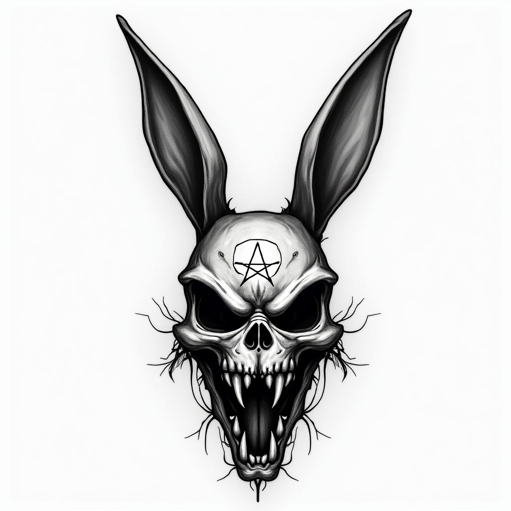 Create a tattoo of Bugs Bunny.creepy horror tattoo style, featuring an eerie and unsettling skull of a demonic creature, distorted face with sharp fangs, add pentagram symbol - Variation 6