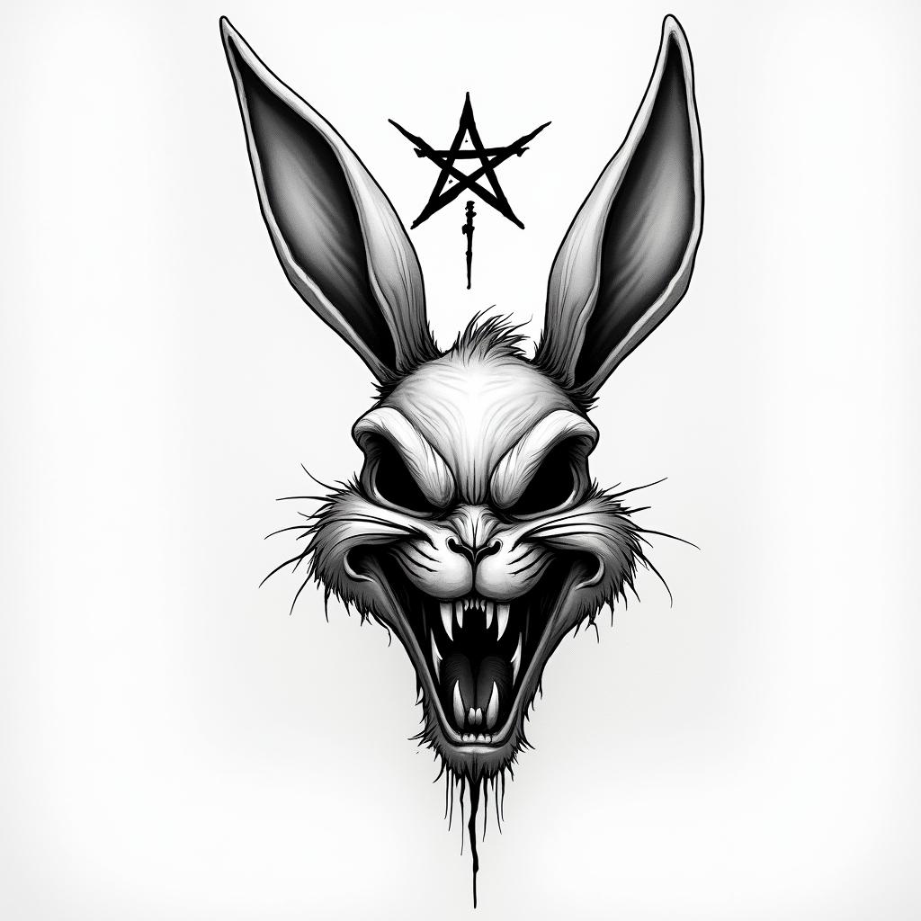 Create a tattoo of Bugs Bunny.creepy horror tattoo style, featuring an eerie and unsettling skull of a demonic creature, distorted face with sharp fangs, add pentagram symbol