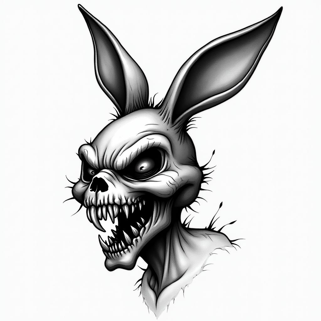 Create a tattoo of Bugs Bunny.creepy horror tattoo style, featuring an eerie and unsettling skull of a demonic creature, distorted face with sharp fangs, add pentagram symbol - Variation 4