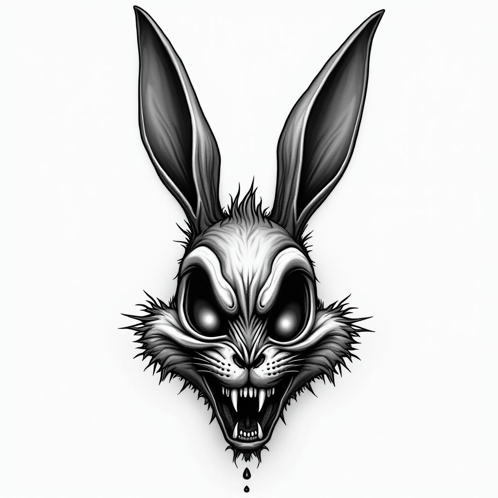 Create a tattoo of Bugs Bunny.creepy horror tattoo style, featuring an eerie and unsettling skull of a demonic creature, distorted face with sharp fangs, add pentagram symbol - Variation 2