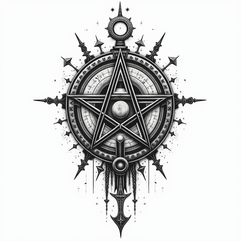 Warin paganic style tattoo, featuring ancient symbols, add vegvisir symbol, mystical figures, incorporating designs, pentagrams, runes, crescent moons,