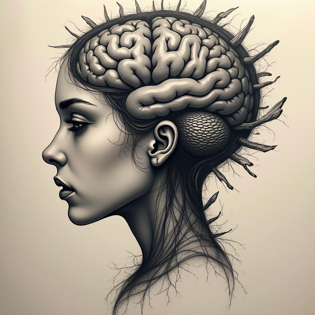 A figurative tattoo design that represents the journey of a woman struggling with anorexia, featuring dark tones. The artwork includes shattered mirrors symbolizing the distortion of self-image and a spiraling figure to depict the conflict between seeking control and feeling out of control. The brain is artistically reimagined, adding an abstract twist to enhance the emotional depth of her experience.undefined