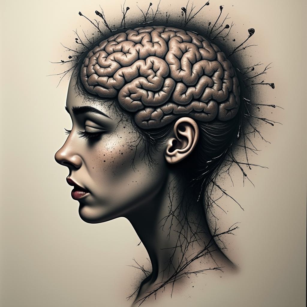 A unique tattoo design portraying a woman's battle with anorexia, incorporating dark shades. Highlight shattered mirrors to symbolize self-image distortion and a spiraling figure. The brain is creatively altered, emphasizing a different perspective on mental struggles and vulnerability.undefined