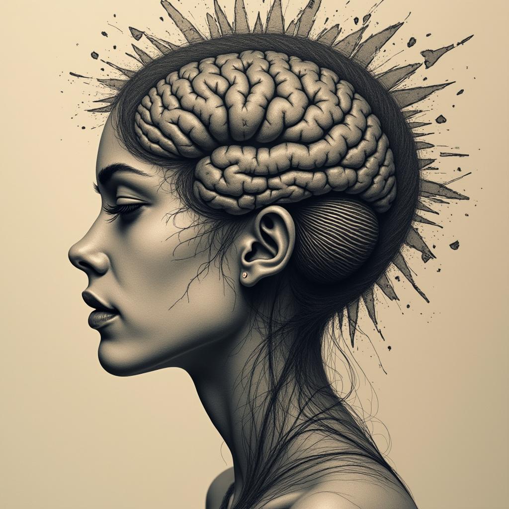 An evocative tattoo design that showcases a woman's struggle with anorexia through dark tones, shattered mirrors symbolizing distorted self-image, and a spiraling figure. The brain is transformed to illustrate her internal conflict and emotional journey.undefined