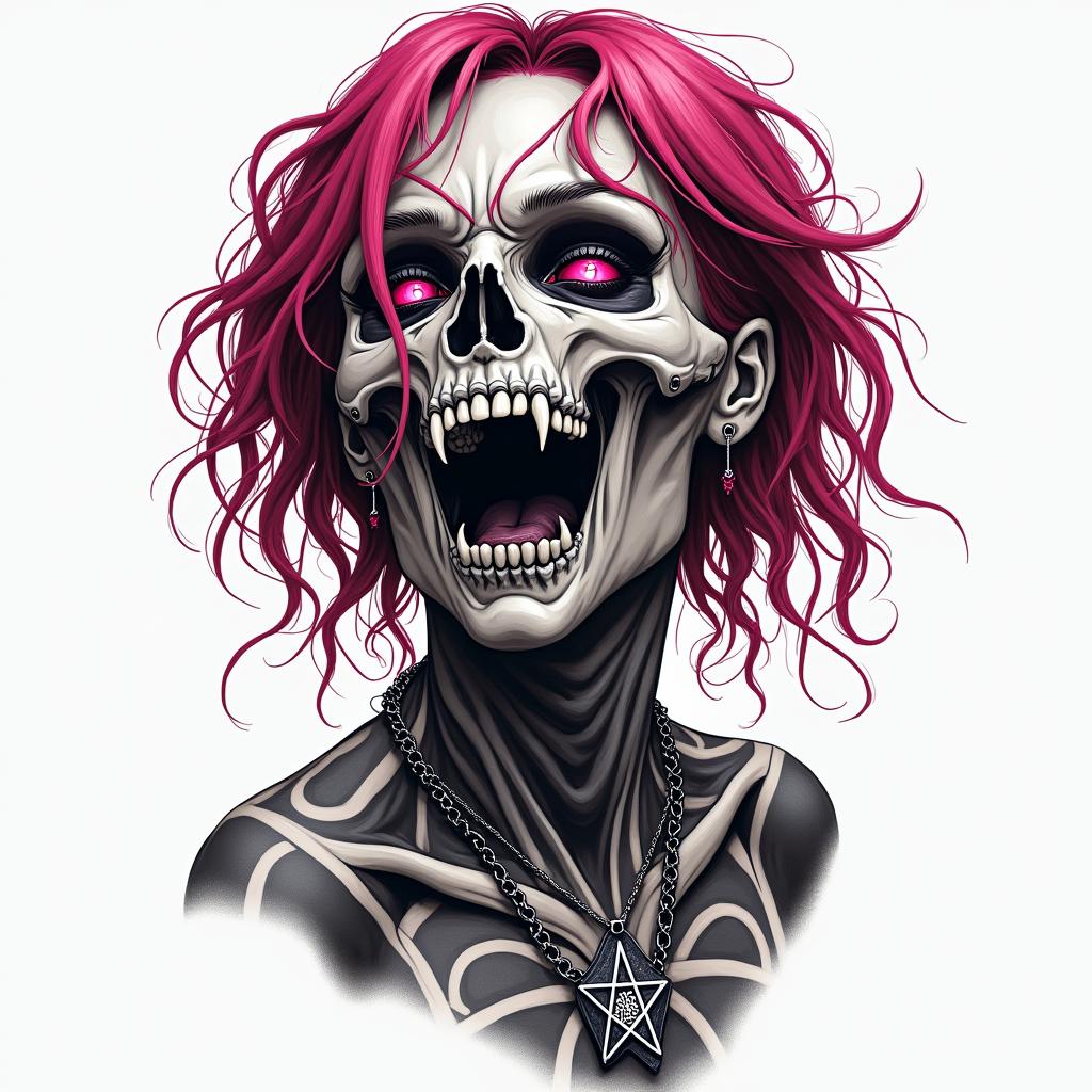 Futuristic cyberpunk girl with neon accentscreepy horror tattoo style, featuring an eerie and unsettling skull of a demonic creature, distorted face with sharp fangs, add pentagram symbol - Variation 4