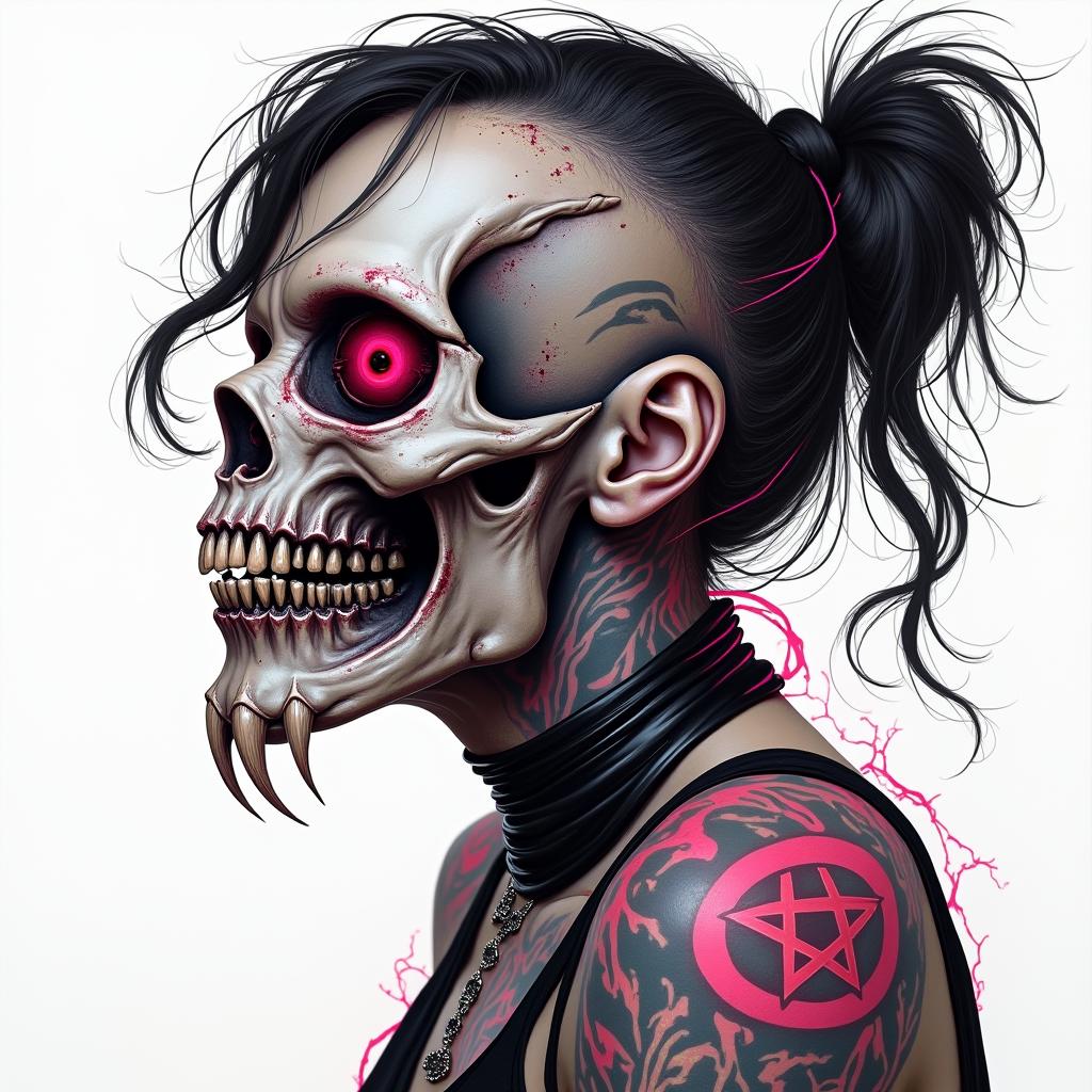 Futuristic cyberpunk girl with neon accentscreepy horror tattoo style, featuring an eerie and unsettling skull of a demonic creature, distorted face with sharp fangs, add pentagram symbol - Variation 3