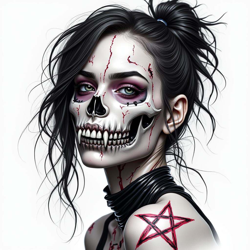 Futuristic cyberpunk girl with neon accentscreepy horror tattoo style, featuring an eerie and unsettling skull of a demonic creature, distorted face with sharp fangs, add pentagram symbol - Variation 2