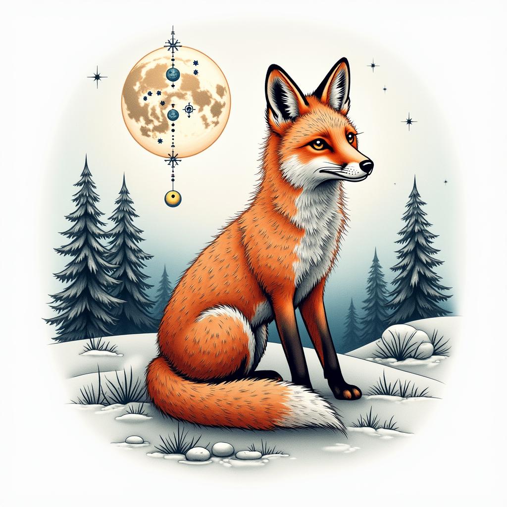 A fox in a snowy landscape under the full moon. In its eyes, there are the constellations of Capricorn and Sagittarius.in spiritual symbols tattoo style, featuring an intricate design incorporating elements, Hamsa hand, third eye, minimalist composition - Variation 4