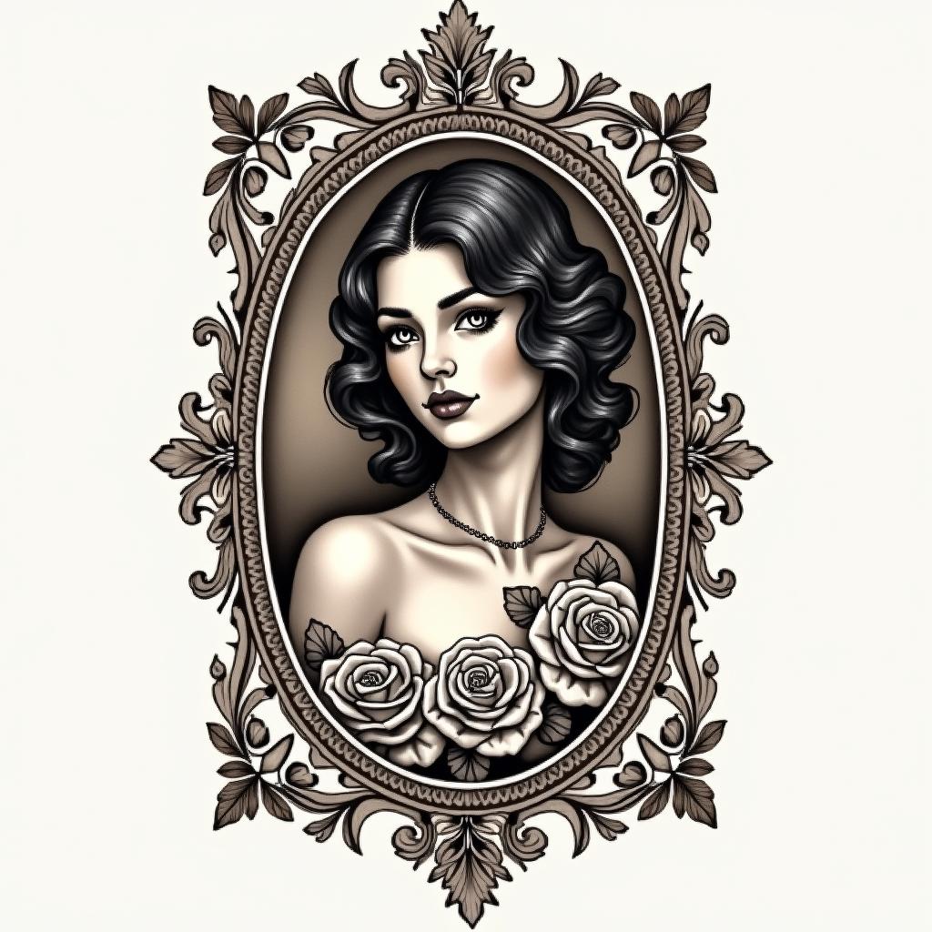 Carlos, Libra, Colombiain victorian style tattoo, featuring vintage and elegant elements, ornate frames, roses, antique, sepia-toned color scheme
