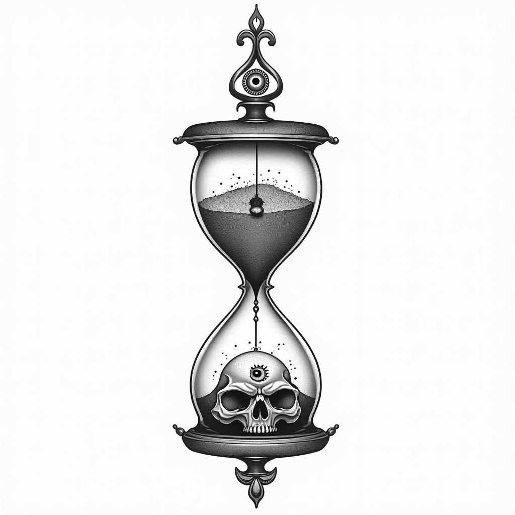 Hourglass with sand and skullsin spiritual symbols tattoo style, featuring an intricate design incorporating elements, Hamsa hand, third eye, minimalist composition - Variation 4