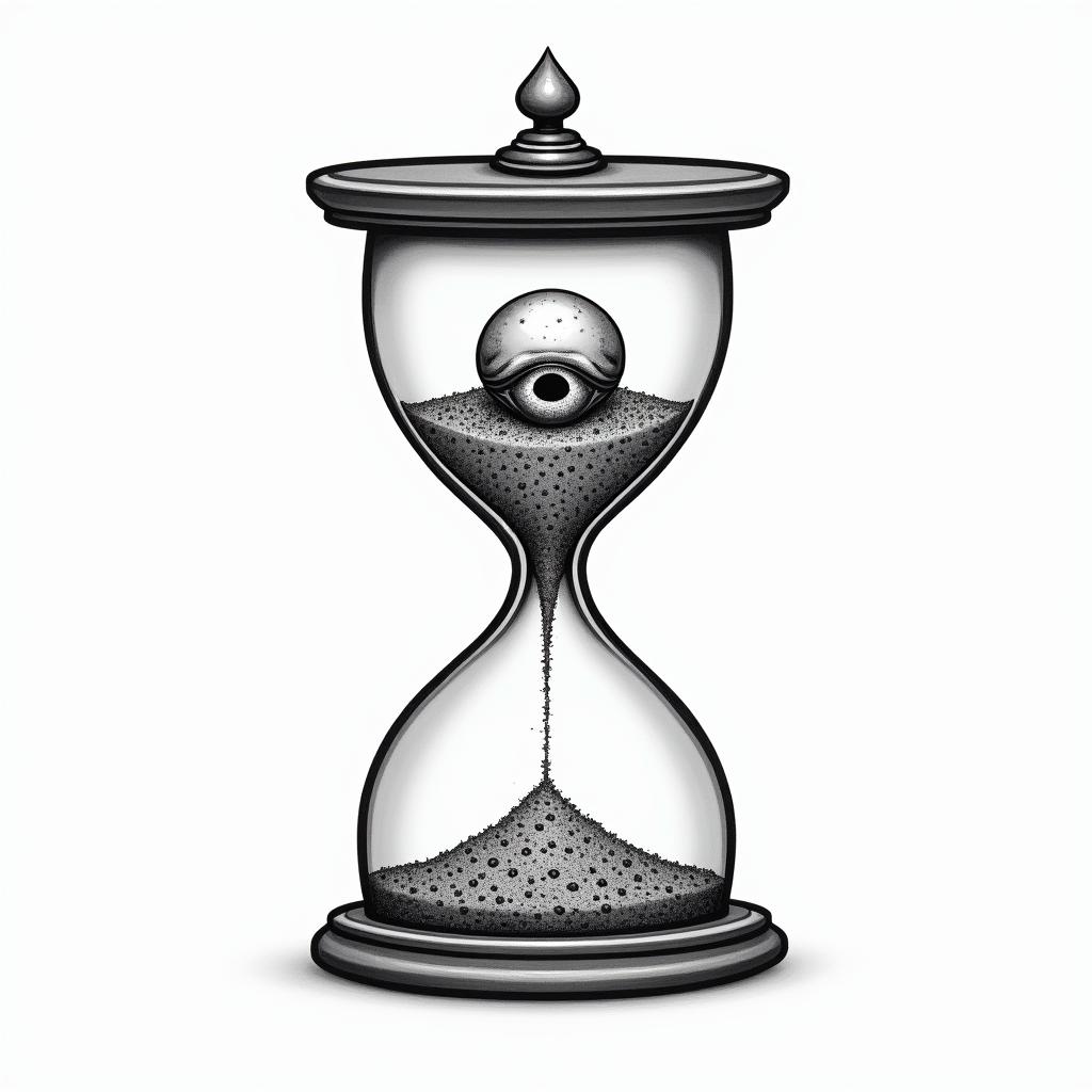 Hourglass with sand and skullsin spiritual symbols tattoo style, featuring an intricate design incorporating elements, Hamsa hand, third eye, minimalist composition - Variation 3