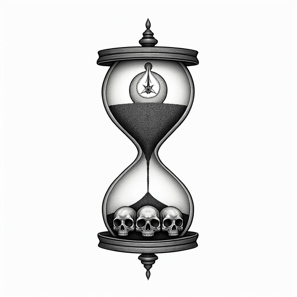 Hourglass with sand and skullsin spiritual symbols tattoo style, featuring an intricate design incorporating elements, Hamsa hand, third eye, minimalist composition - Variation 2