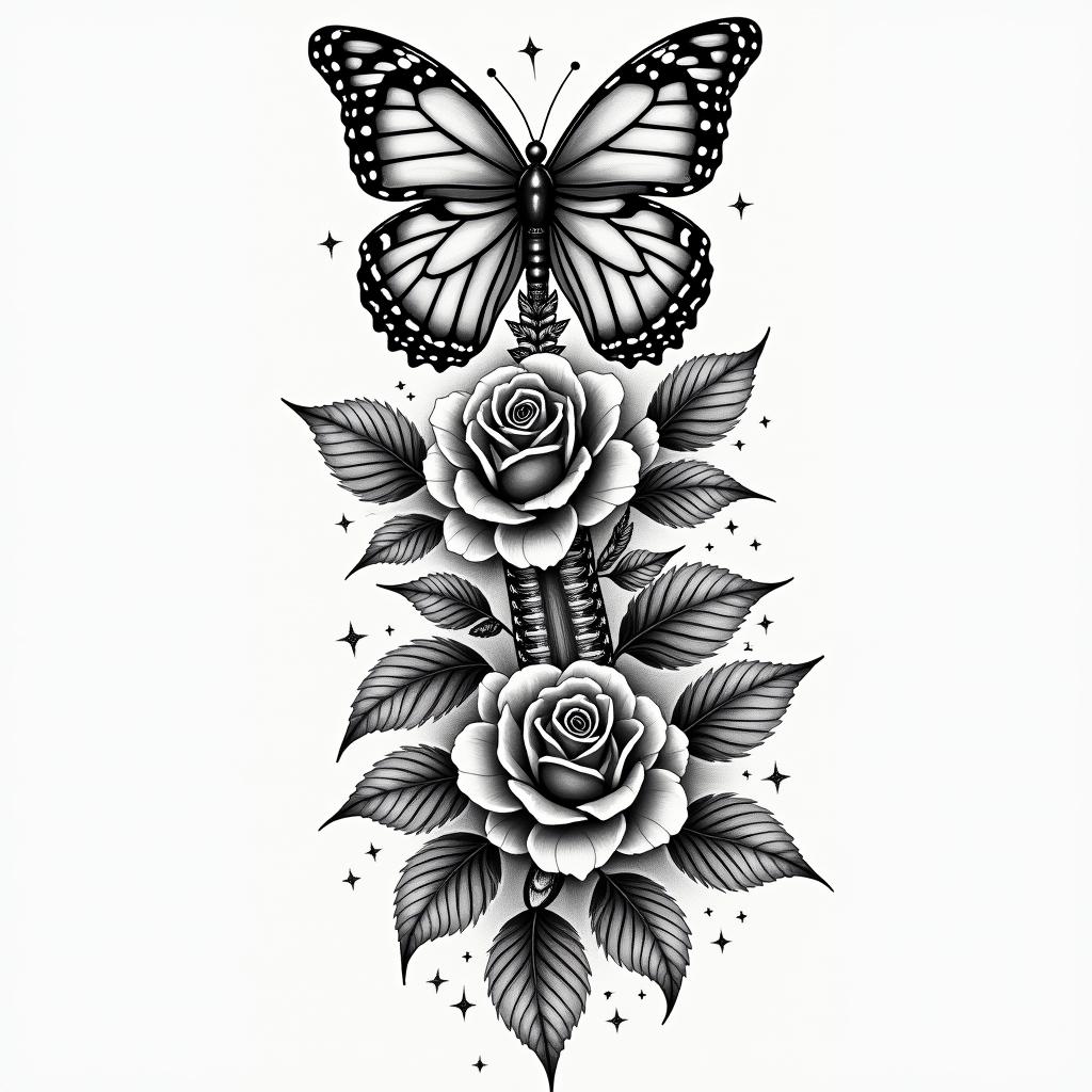 Spine tattoo that incorporates this Psalm 46:5 God is within her, she will not fall; God will help her at break of day.
flowers roses and carnelian with butterflieshigly detailed tattoo - Variation 4