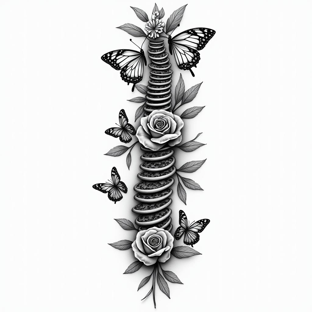 Spine tattoo that incorporates this Psalm 46:5 God is within her, she will not fall; God will help her at break of day.
flowers roses and carnelian with butterflieshigly detailed tattoo - Variation 2