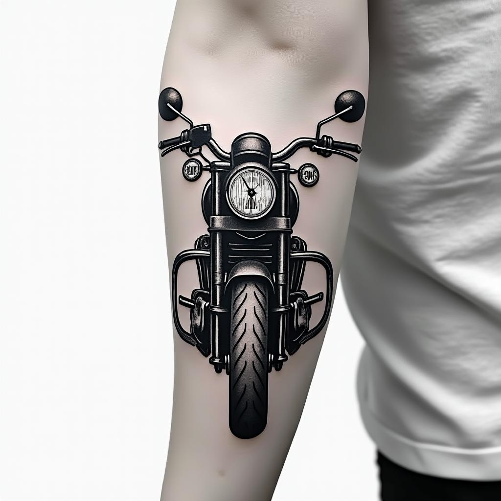 Left forearm tattoo motorcycle date in Roman numerals with rope.higly detailed tattoo - Variation 2