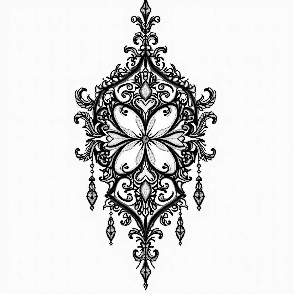 Pop art strength feminine moving on chandelierin ornamental tattoo style, featuring intricate symmetrical patterns and floral designs, showcasing highly detailed line work and geometric shapes, creating a sense of elegance and balance - Variation 3