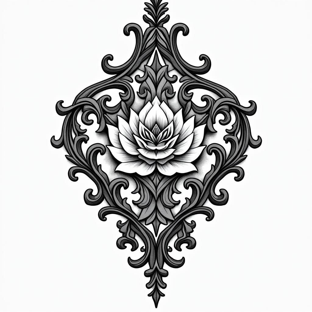 Pop art strength feminine moving on chandelierin ornamental tattoo style, featuring intricate symmetrical patterns and floral designs, showcasing highly detailed line work and geometric shapes, creating a sense of elegance and balance