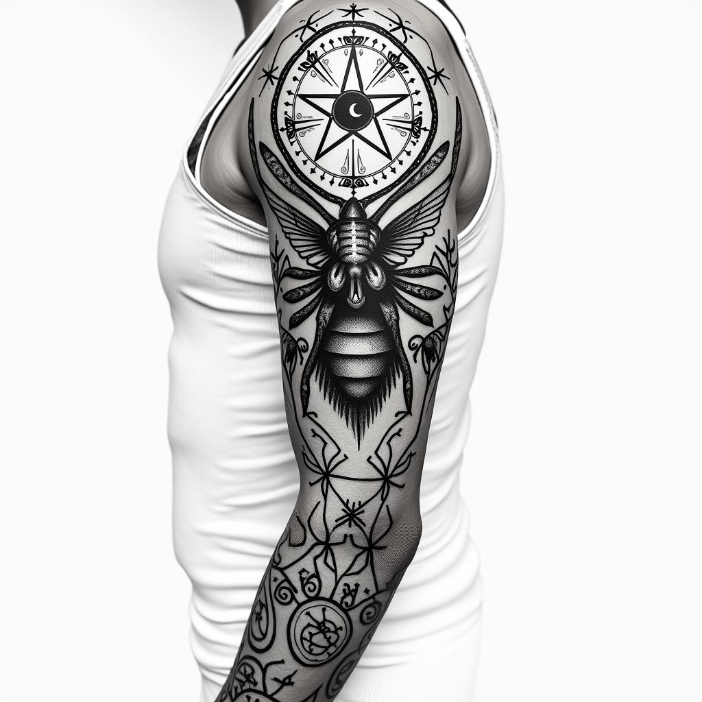 bugs sleevein paganic style tattoo, featuring ancient symbols, add vegvisir symbol, mystical figures, incorporating designs, pentagrams, runes, crescent moons,