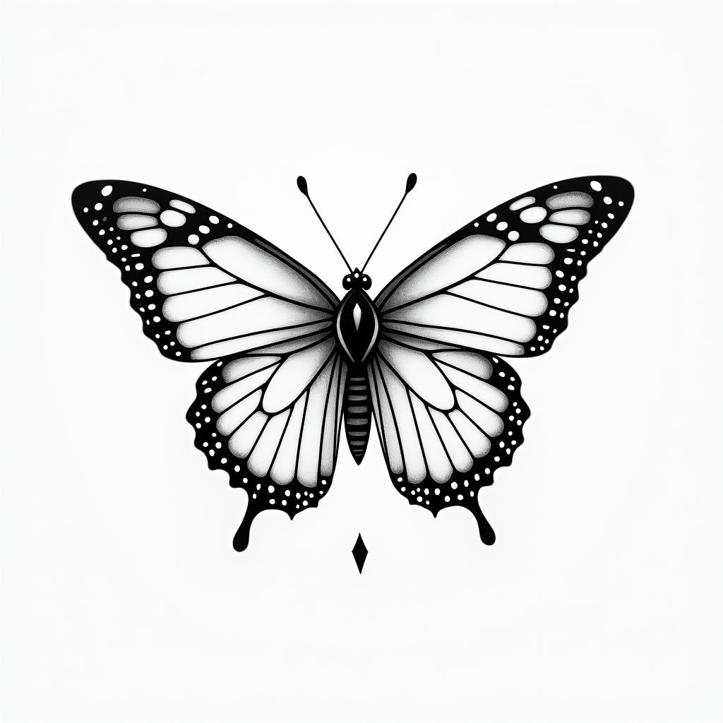 Butterfly Bruna 13in minimalist style tattoo, featuring simple shapes and fine lines, with minimal shading and details, tiny triangles, creating a sense of balance and harmony