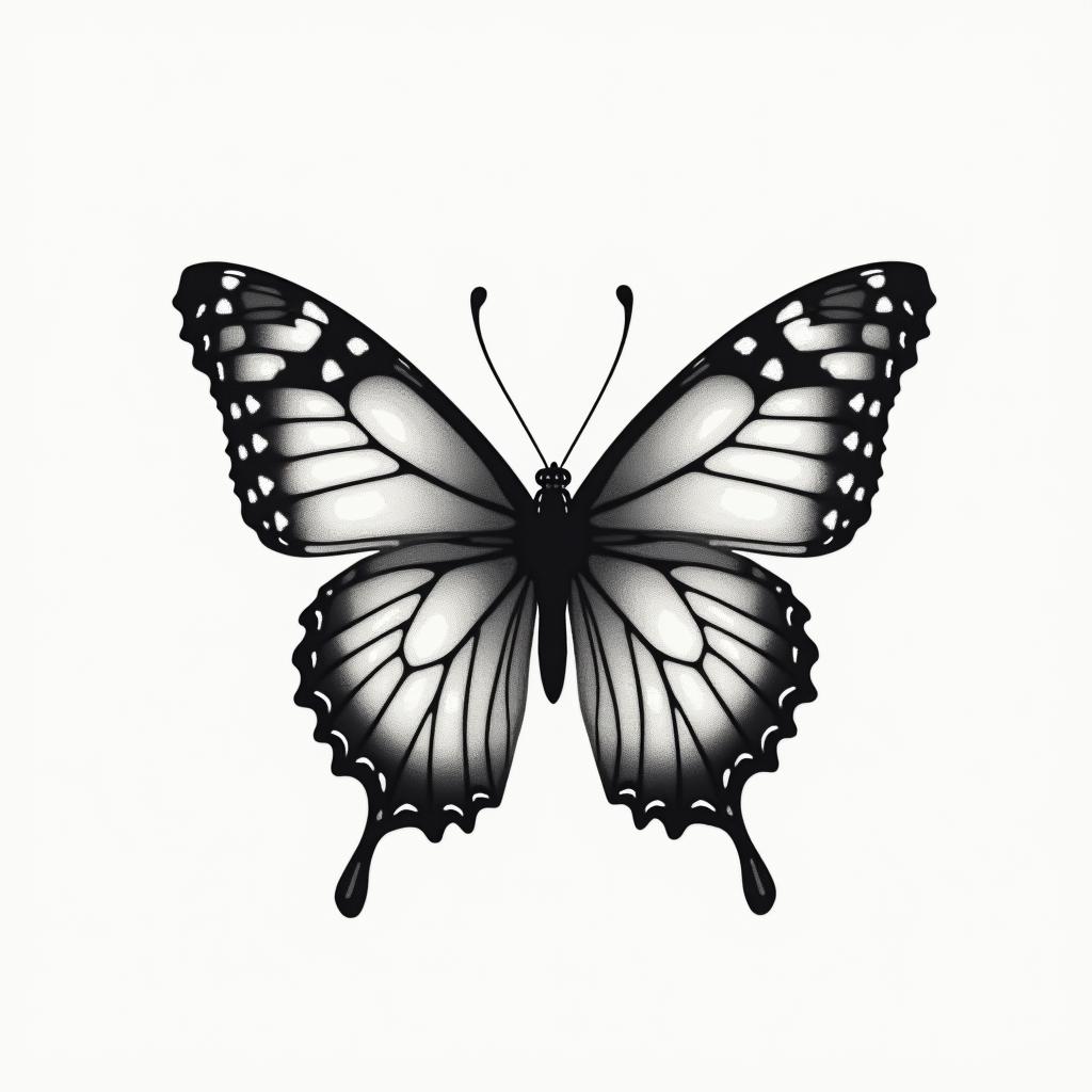 Butterfly Bruna 13in minimalist style tattoo, featuring simple shapes and fine lines, with minimal shading and details, tiny triangles, creating a sense of balance and harmony - Variation 3