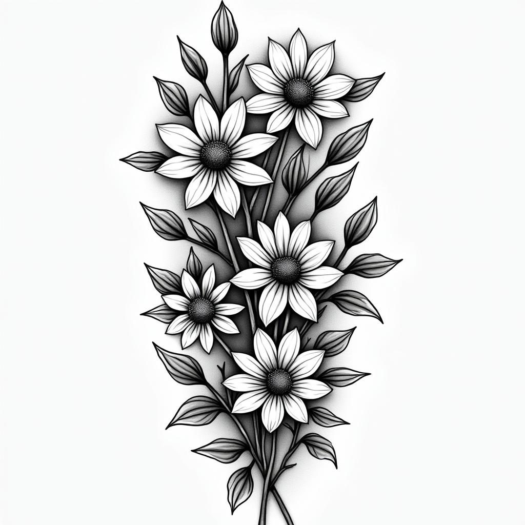 Daisies, water lilies, and hawthorn mixed together for a half sleeve tattoo on the upper armin authentic tattoo style, incorporating traditional modifications, bold black outlines, solid color fills, featuring classic authentic elements - Variation 3