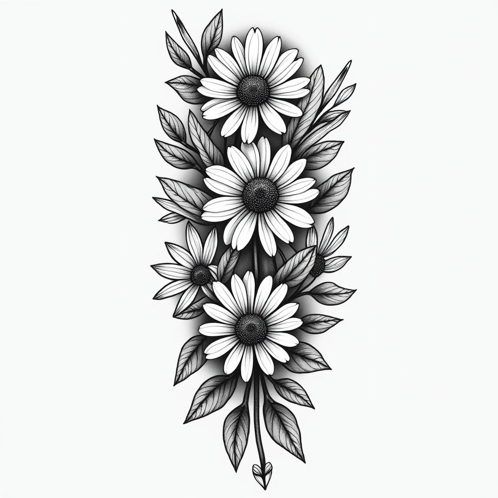 Daisies, water lilies, and hawthorn mixed together for a half sleeve tattoo on the upper armin authentic tattoo style, incorporating traditional modifications, bold black outlines, solid color fills, featuring classic authentic elements - Variation 4