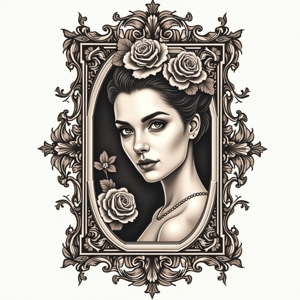 NO BAD VIBESin victorian style tattoo, featuring vintage and elegant elements, ornate frames, roses, antique, sepia-toned color scheme - Variation 4