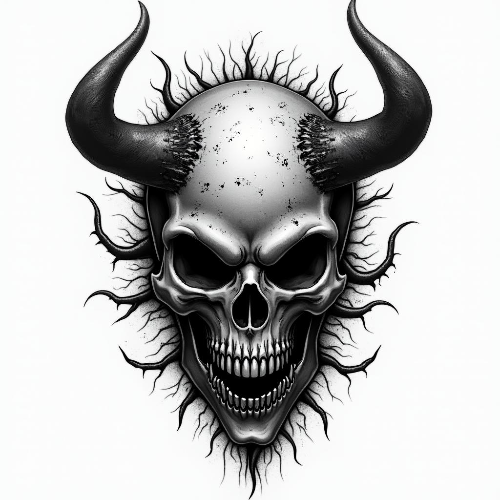 King of Hell in horror tattoo style, showcasing haunting and unsettling, dark and gritty textures with skulls, eerie faces, jgged designs, bold and intense shading - Variation 2