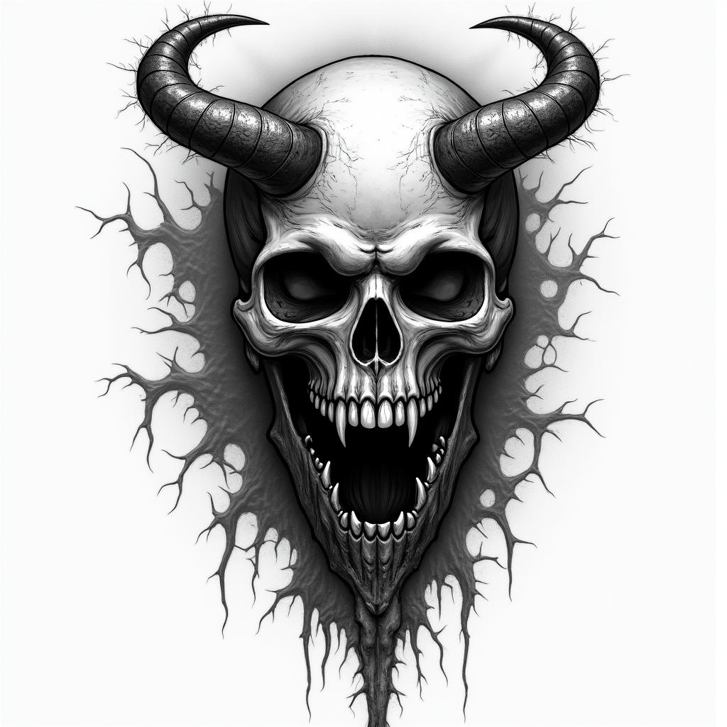 King of Hell in horror tattoo style, showcasing haunting and unsettling, dark and gritty textures with skulls, eerie faces, jgged designs, bold and intense shading - Variation 4