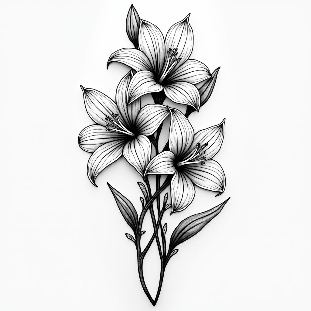 Lilly flowers with the word nanin paganic style tattoo, featuring ancient symbols, add vegvisir symbol, mystical figures, incorporating designs, pentagrams, runes, crescent moons, - Variation 3